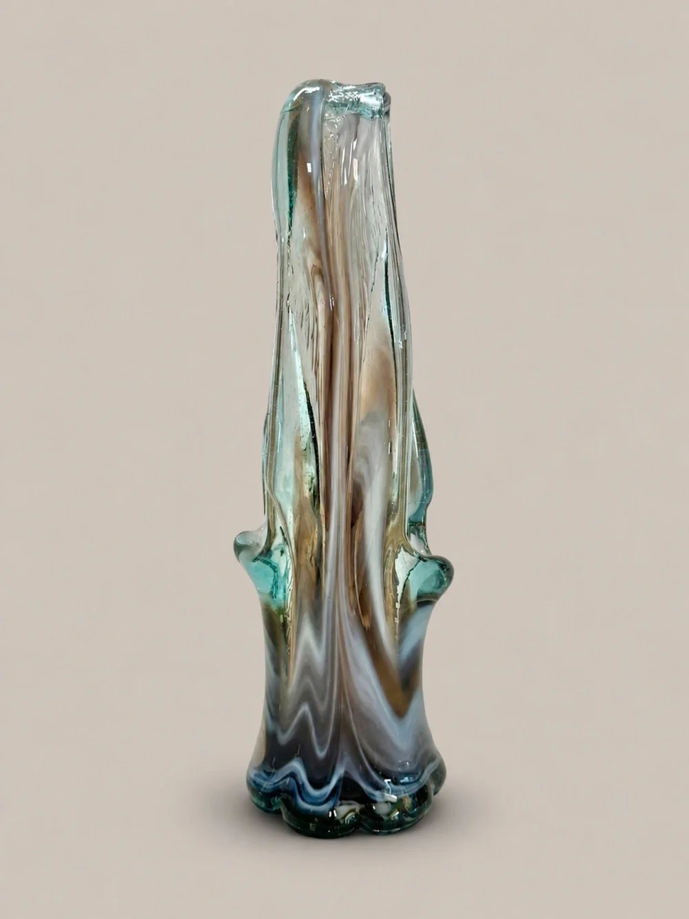 Murano Style Hand Blown Art Glass Basket Vase Blue Gray Swirl Controlled Bubble